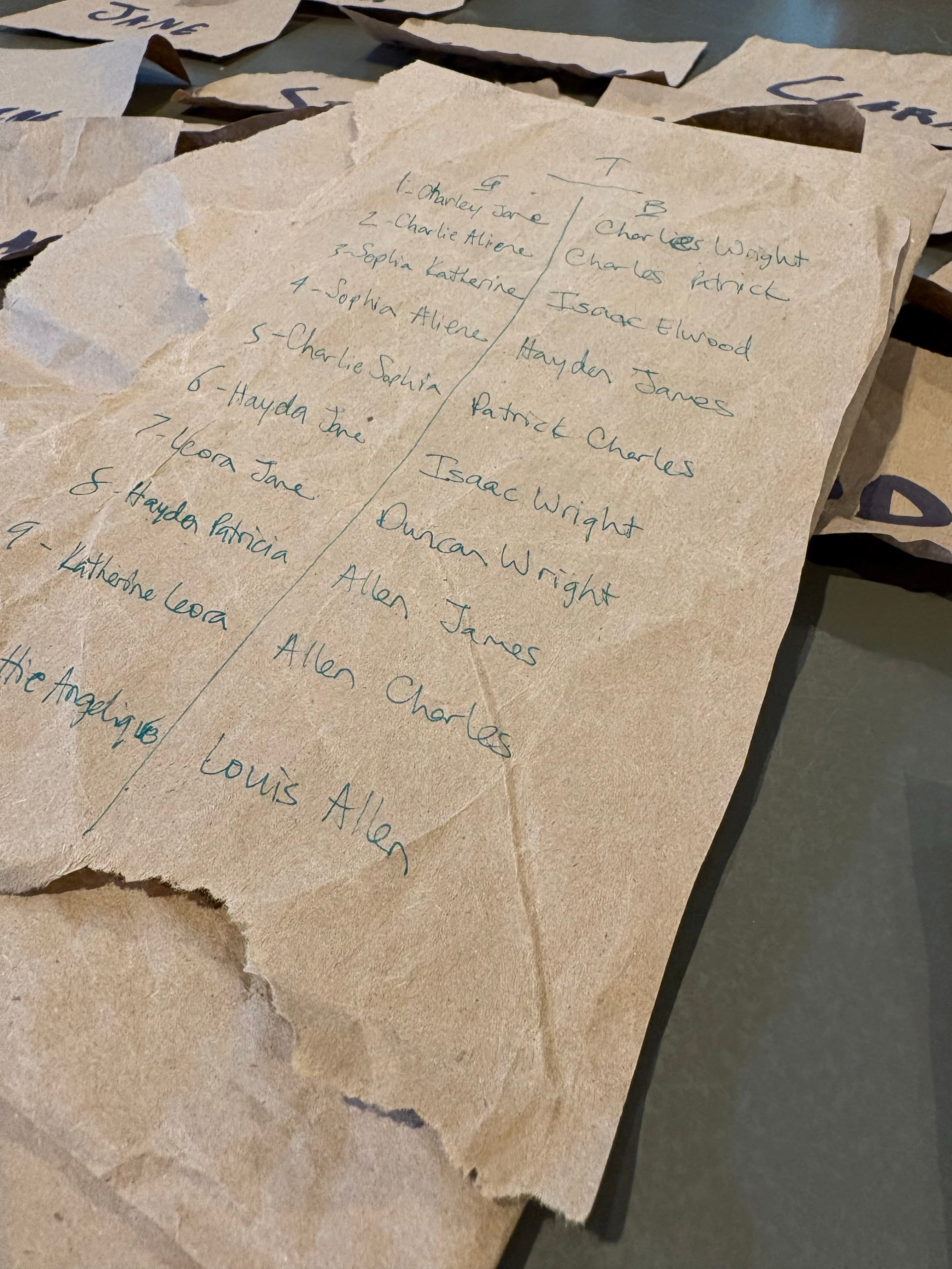 Our original handwritten baby-name shortlist on torn pieces of brown paper